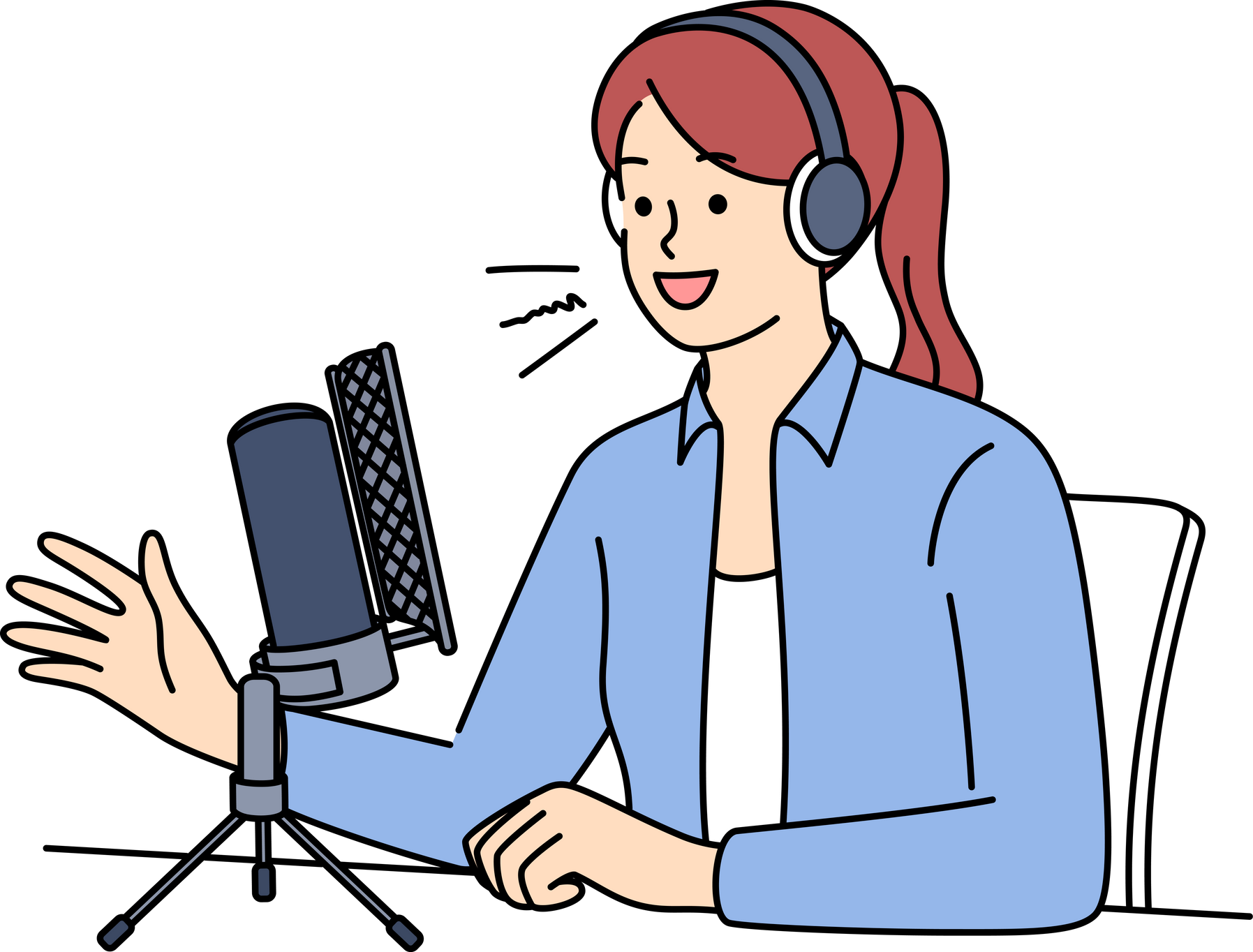 Female host in headset speak in microphone